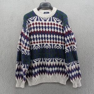 Vtg Woolrich Sweater Mens Large Blue Gray Geometric Cable Knit Crew‎ Made in USA